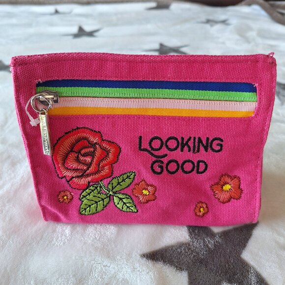 Bath & Body Works Canvas Cosmetic Bag "Looking Good" Floral Embroidered - Picture 1 of 7